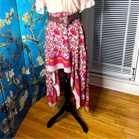 BTFBM size M, hi Lo, red and green flowered patterned skirt. - Picture 1 of 11